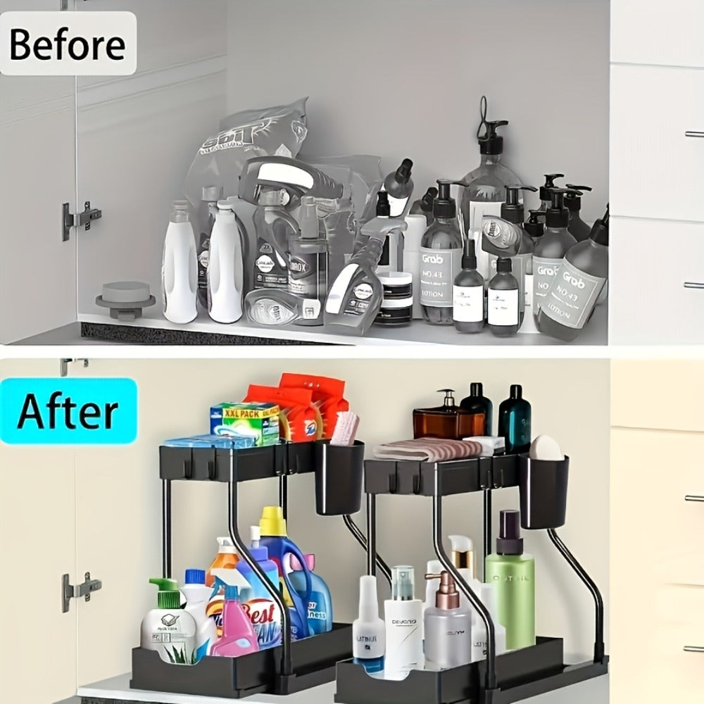 Under Sink Organizer 2-Tier Sliding Cabinet Basket with Hooks – Adjustable Bathroom Kitchen Shelf Storage Rack for Cabinets - product image 6