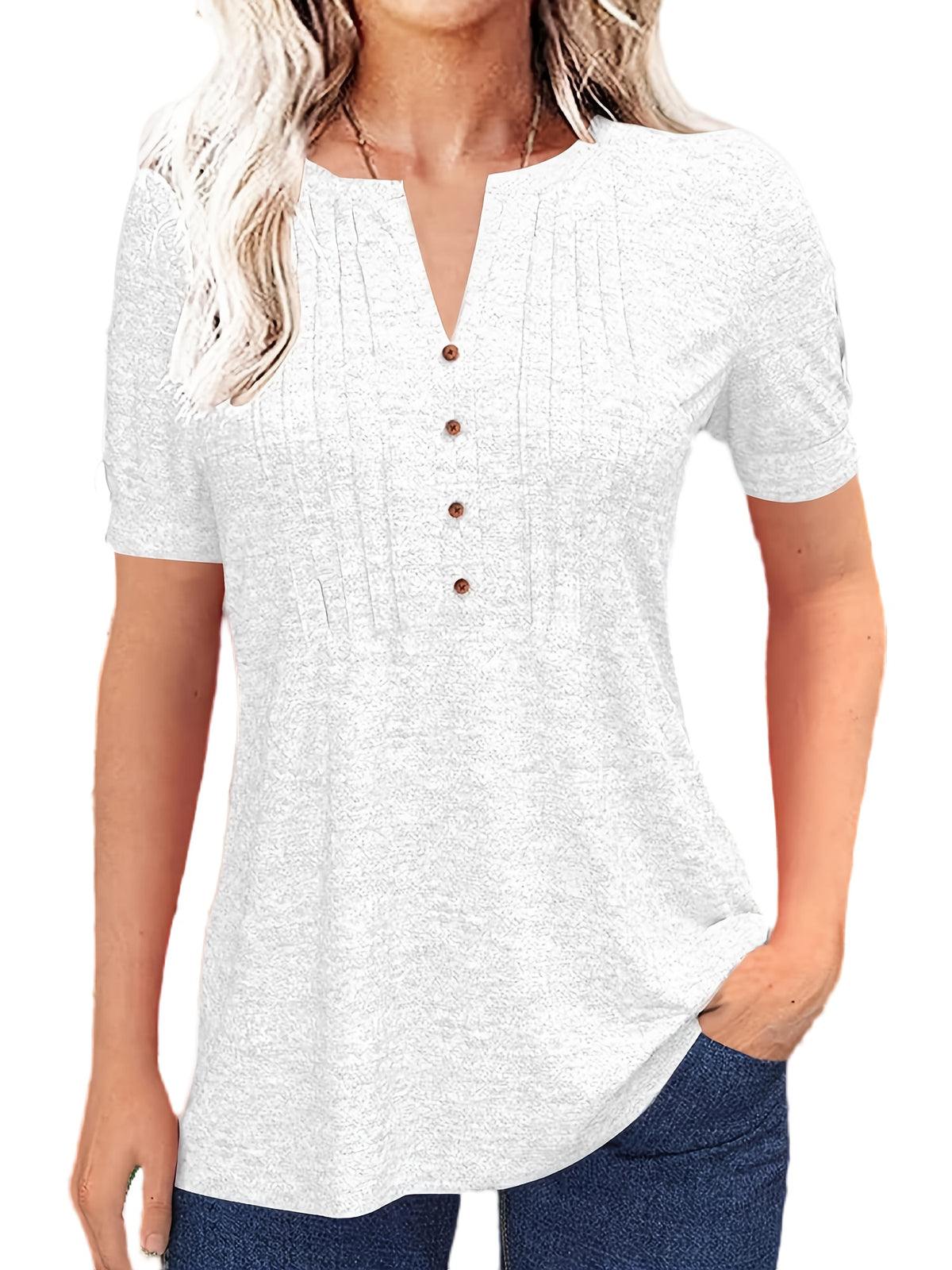 Casual Short-Sleeve T-Shirt for Women, Featuring a Pleated Design and V-Neck in Solid Colors, Perfect for Summer - product image 34