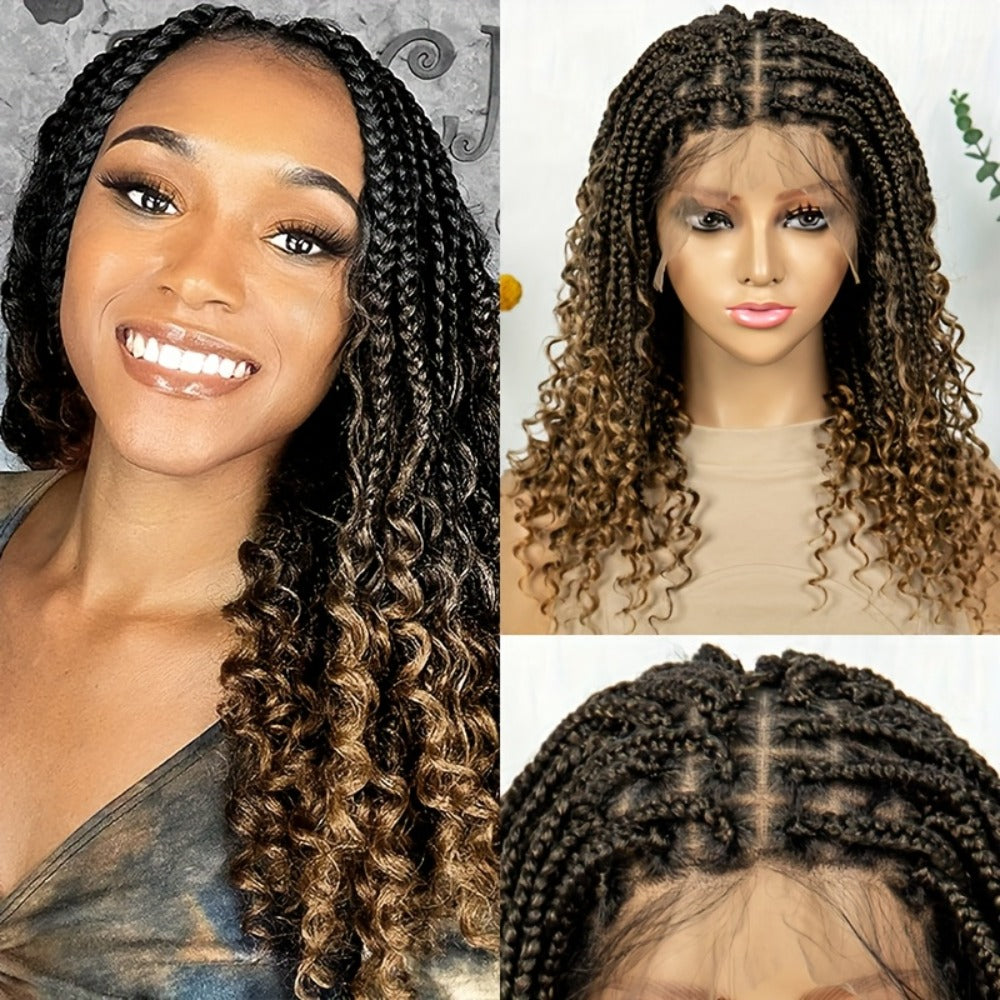 Goddess Braided Wig Knotless Bohemian Square Braid Full Lace Curly Wave 14-16 Inch Black Burgundy Brown Natural Hairline Protective Style Synthetic Wig for Women - product image 17