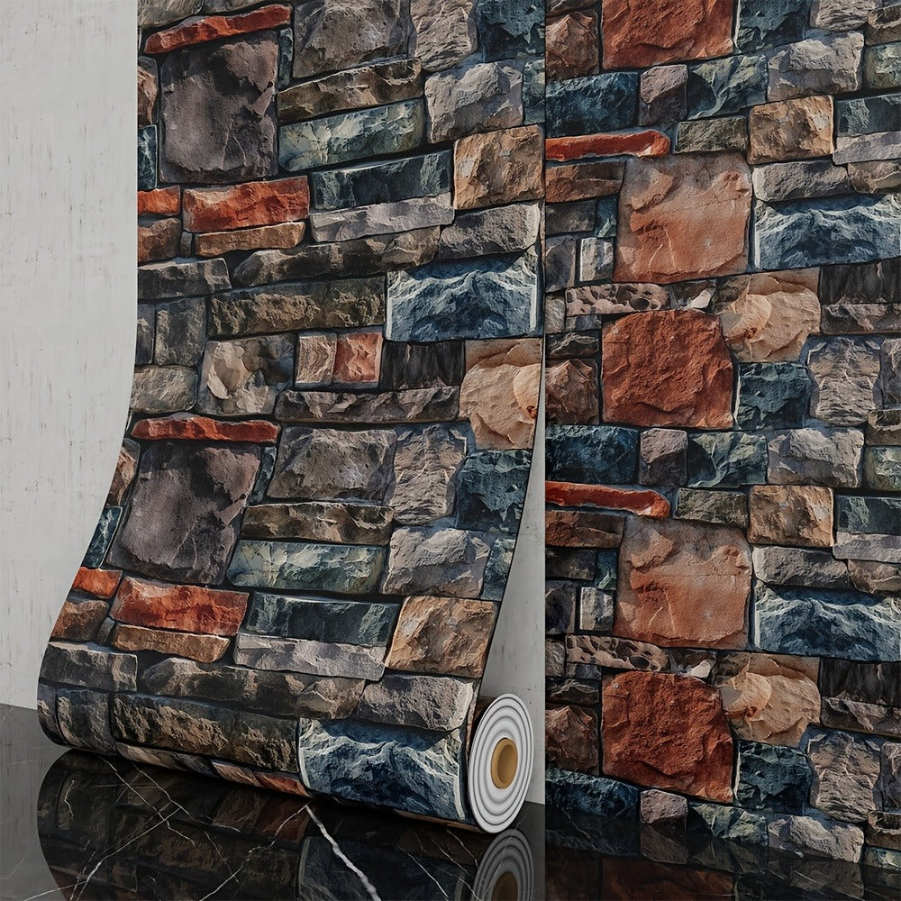 3D Brick Foam Wallpaper Self Adhesive Peel and Stick Wall Panels Waterproof PVC Rustic Brick Pattern Home Bathroom Kitchen Wall Decor Blue Brown Red 17.5in Wide - product image 3