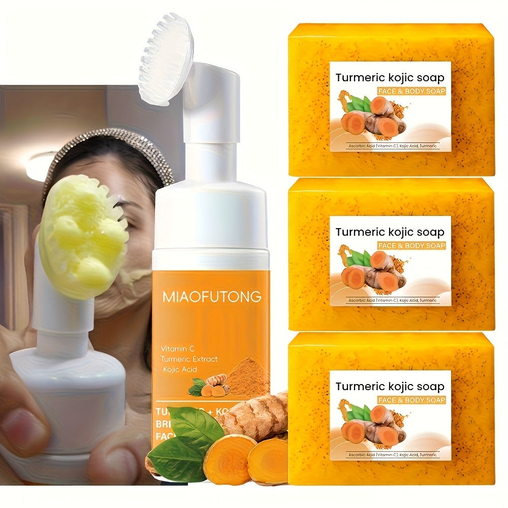 Turmeric Vitamin C Facial Cleansing Kit Face Wash Foam Soap Bars Set Brightening Moisturizing Nourishing Gentle Non-Irritating Cleanser with Brush Applicator All Skin Types Unisex  - product image