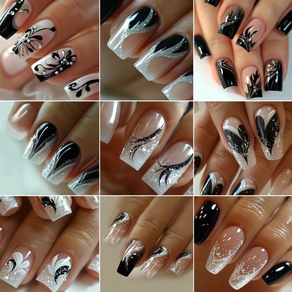 Black White Square Press On Nails 216 Pieces 9 Packs – 3D Butterfly Floral Fox Tail Glitter Marble Geometric Designs | Glossy Full Cover Acrylic Nails with Jelly Glue & File for Wo - product image 2