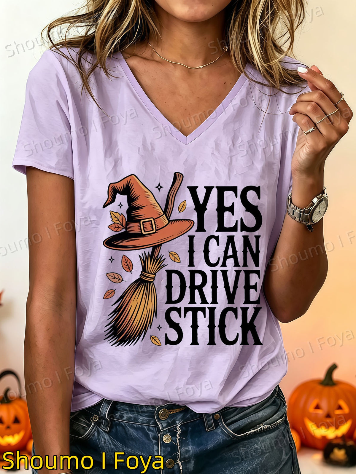 Halloween-themed Printed V-neck Short-sleeve Top, Witch Hat and Broom Print V-neck Short-sleeve Top, Women's Summer Clothing, Women's V-neck Top, Women's - product image 28