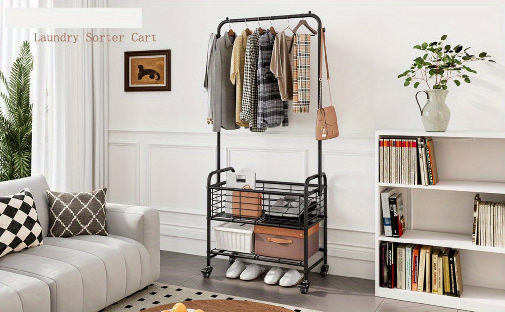 Rolling Laundry Basket with Wheels and Hanging Rack, Laundry Sorter Cart with Shelf and Locking Casters, Heavy Duty Steel Frame, Multifunctional Clothes Hamper for Laundry Room Bed - product image 11