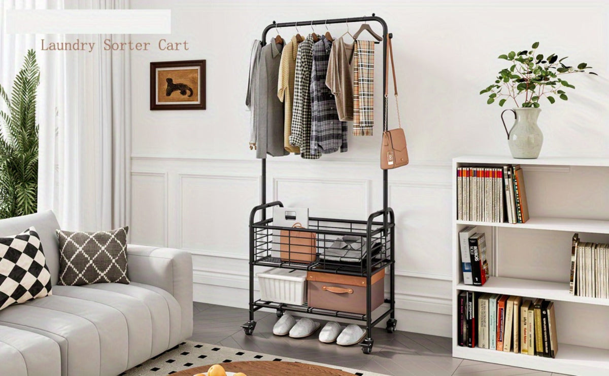 Rolling Laundry Basket with Wheels and Hanging Rack, Laundry Sorter Cart with Shelf and Locking Casters, Heavy Duty Steel Frame, Multifunctional Clothes Hamper for Laundry Room Bed - product image 11