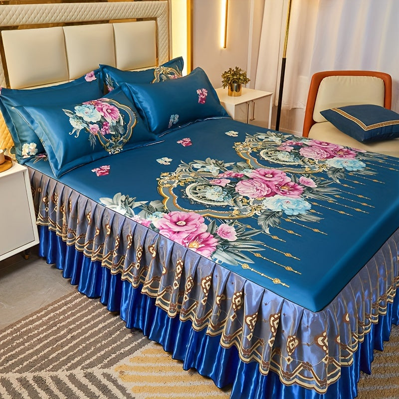Floral Ruffle Bed Skirt Cool Mat 3 Piece Set with Pillowcase, Double Layer 360° Full Wrap Washable Cooling Mattress Cover, Breathable Summer Bedding Set for Twin Full Queen King, P - product image 39