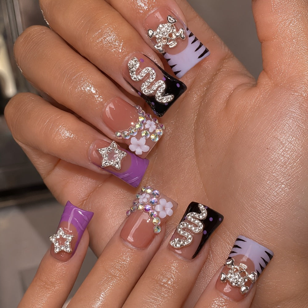 Leopard Skull Press On Nails Short Duckbill 10pcs – Handmade Rhinestone Zebra Bowknot Snake Acrylic Nail Kit with Tools | Edgy Party Daily Wear Nail Art for Women S M L 2026 Trends - product image