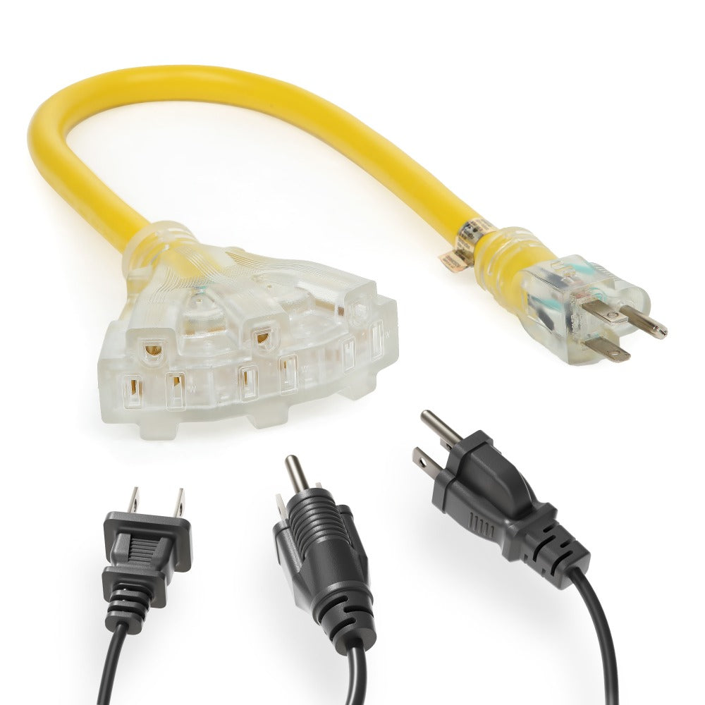Heavy Duty Extension Cord Splitter Tri-Tap 2-Pack – 15A SJTW Contractor Grade, LED Lighted Plug, 2ft Yellow Jacket for Outdoor & Job Site Use - product image 14