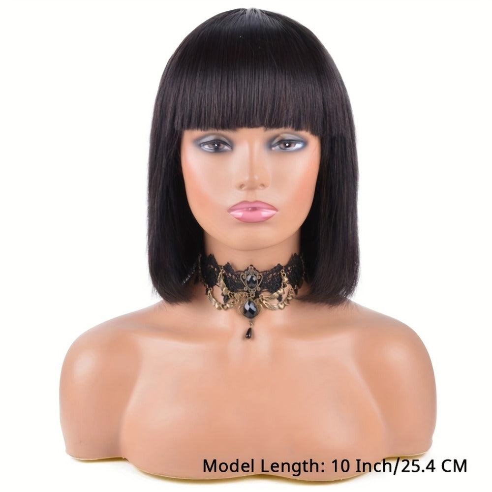 Brazilian Human Hair Bob Wig No Glue 200% Density Full Machine Made Straight with Bangs for Women | Natural Black 8 10 12 16 Inch | Glueless Beginner Friendly - product image 5