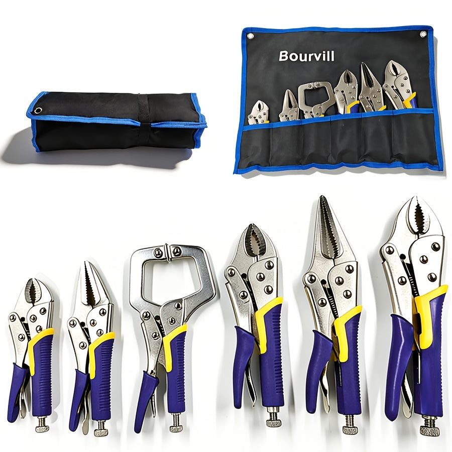 Locking Pliers Set 6pcs Heavy Duty, Includes Needle Nose Pliers 6.5" & 9.5", Curved Jaw Locking Pliers 5" 7" 10", C-Clamp L-Type Pliers with Roll Bag & Ergonomic Metal Handles for  - product image 10
