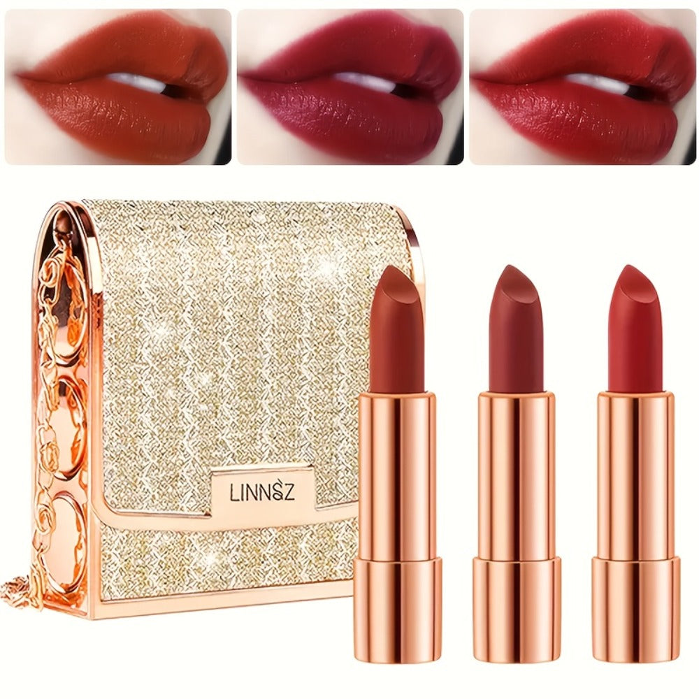 Matte Lipstick Gift Set 3 Pack Velvet Waterproof Long-Lasting Anti-Fading Intense Pigment Full Coverage Lip Color with Elegant Silvery Chain Bag for Women - product image 3