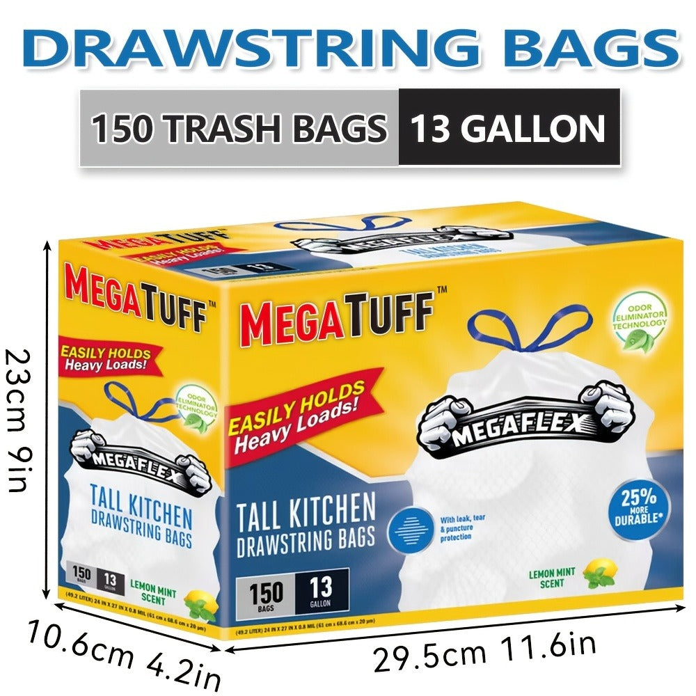 Drawstring Trash Bags 13 Gallon, 150 Count Tall Kitchen Garbage Bags, Puncture & Tear Resistant, Odor Eliminator Technology, Lemon Mint Fresh Scent, Disposable Drawstring Waste Bag - product image 3