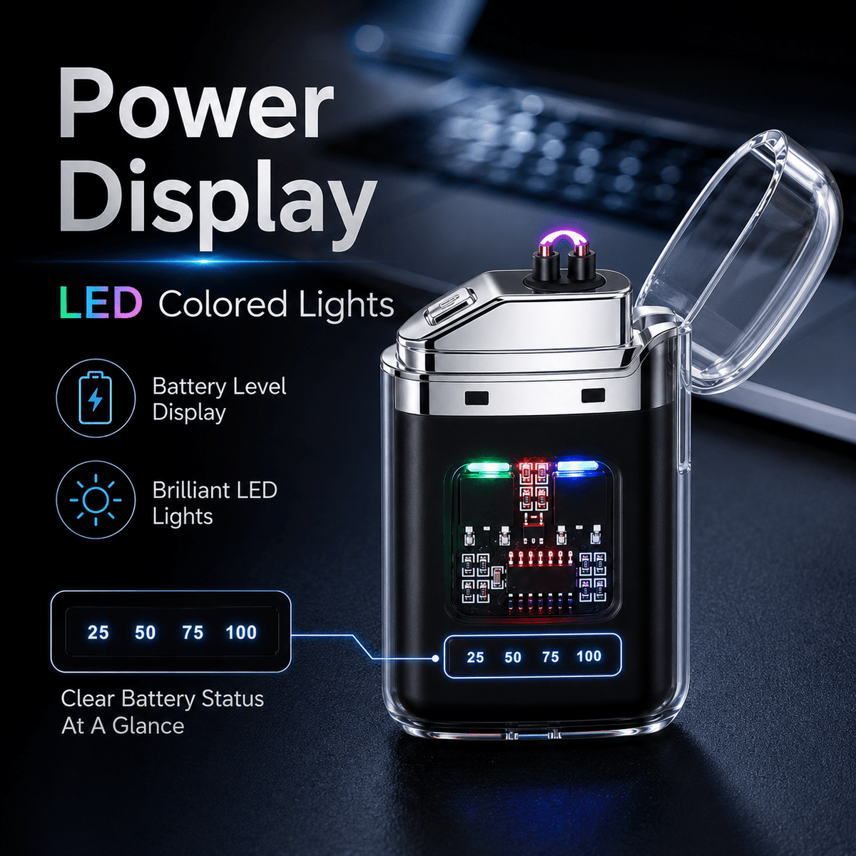 USB-C Rechargeable Plasma Lighter, Windproof Flameless Double Arc Electric Lighter with LED Battery Display, Transparent Portable Lighter for Candles, Camping - product image 4