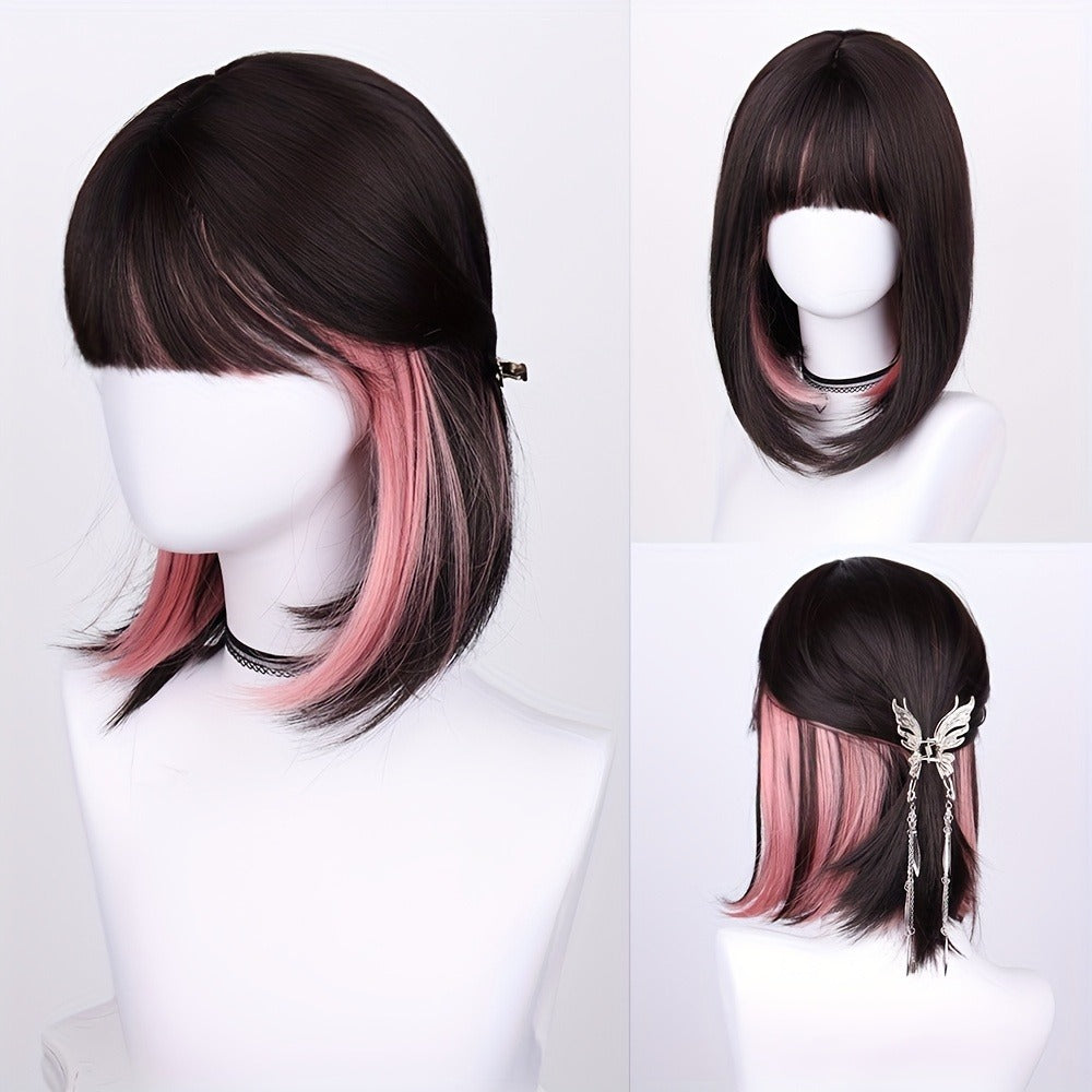 Ombre Synthetic Bob Wig with Bangs 150% Density 16 Inch Short Straight Rose Net Cap | Brown Black Wine Red Pink Green | Halloween Cosplay Party Music Festival - product image 5