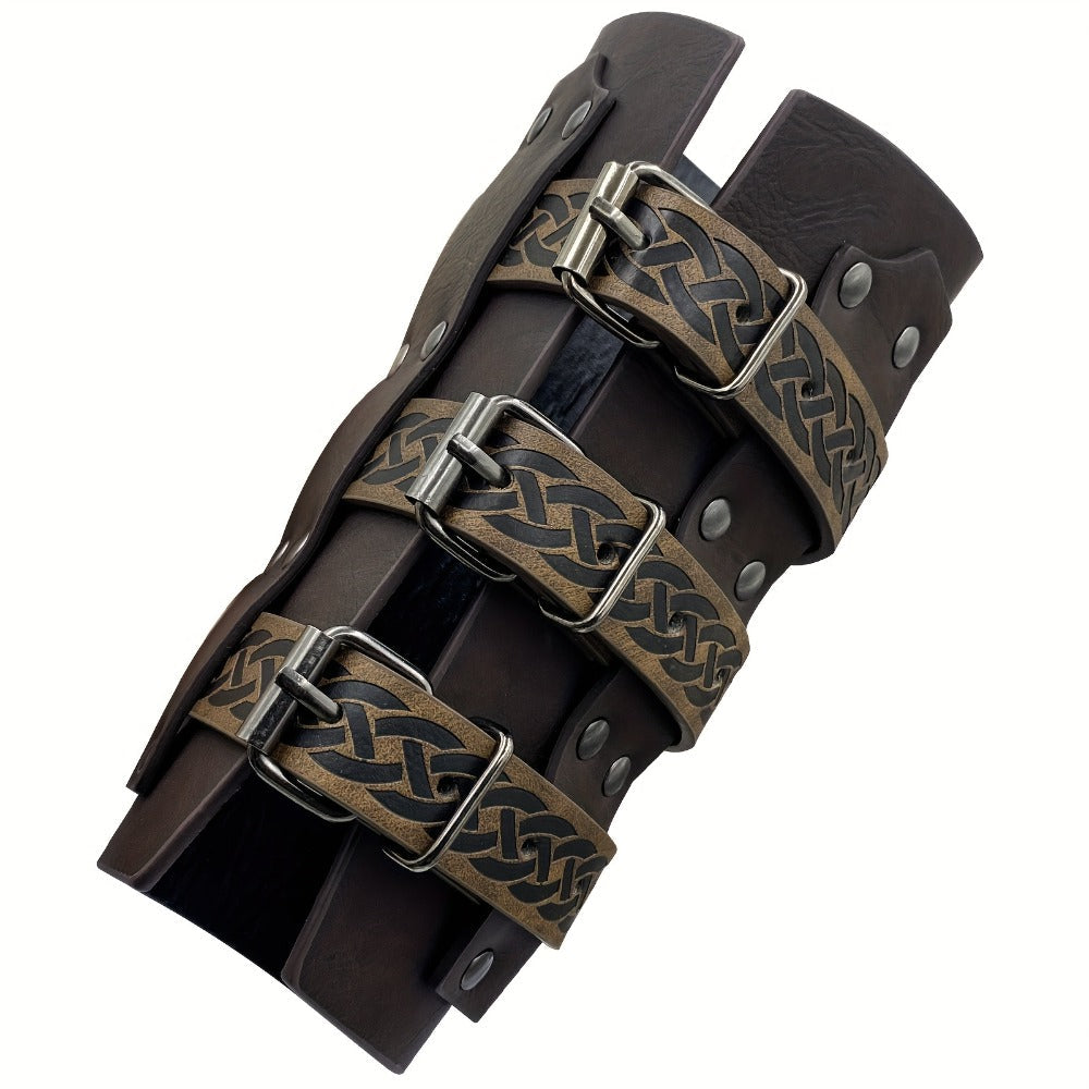 Embossed Renaissance LARP Cosplay Costume Accessory for Halloween, Stage Performance & Photography, Brown & Black, 1pc or 2pcs – Medieval Faux Leather Bracers Viking Arm Guards
