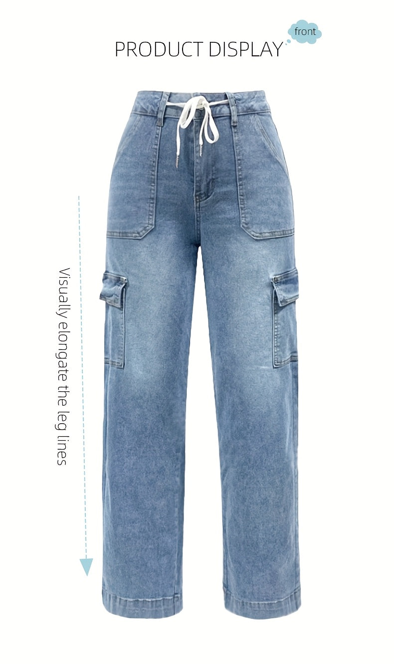 New Style Women's Leisure Straight-Leg Jeans with Laces and Multiple Pockets, Casual Fashion Denim Fabric Sweatpants Jeans Fit Women's Clothing - product image 4