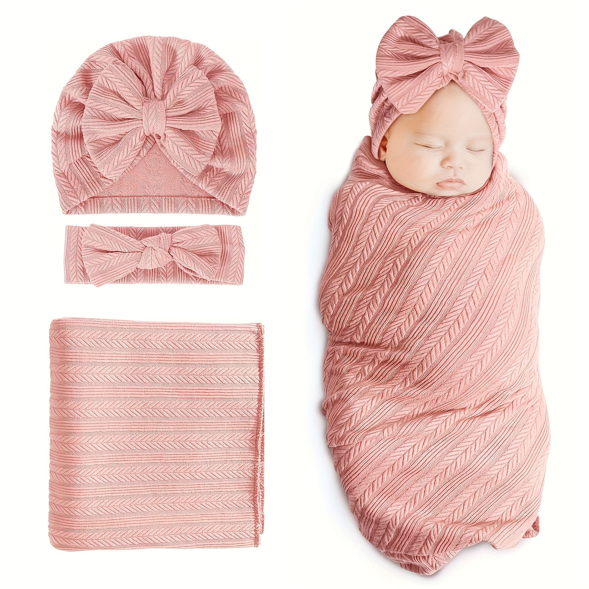 Baby Swaddle Blankets for Girls Boys, 3pcs Newborn Accessories Set with Matching Hat and Bow Headband Soft and Skin-friendly Texture, Suitable for All Four - product image
