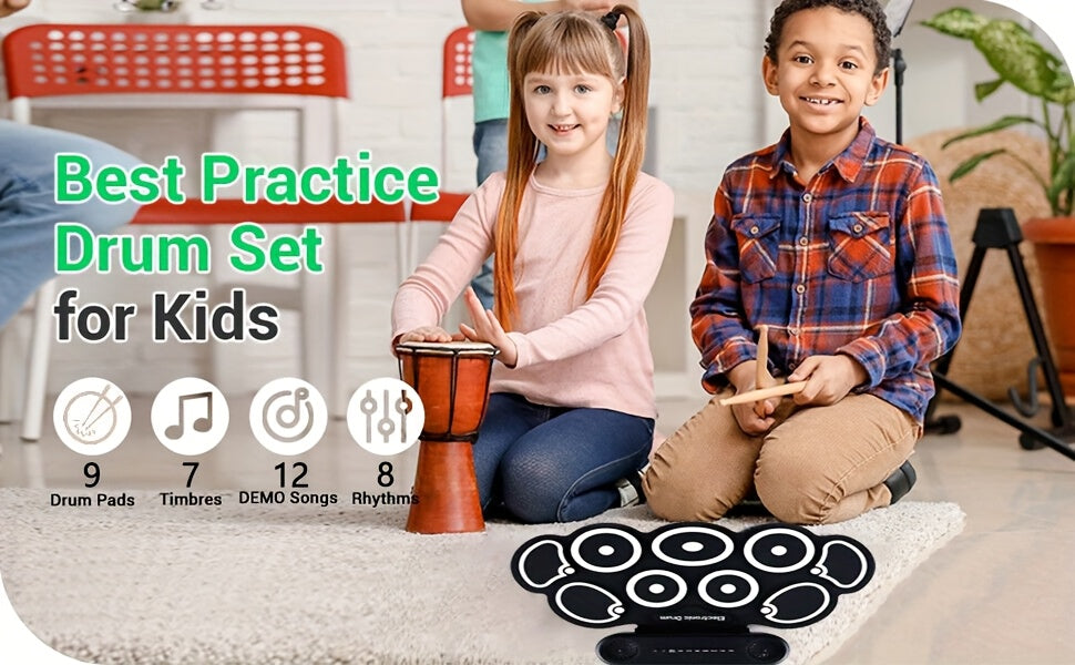 Electronic Drum Set, 9-Pads Roll-Up Electric Drum Pad Kit with Headphone Jack 10Hrs Playtime Built-in Speaker with Drumsticks Pedals, Xmas Birthday Gift for - product image 10