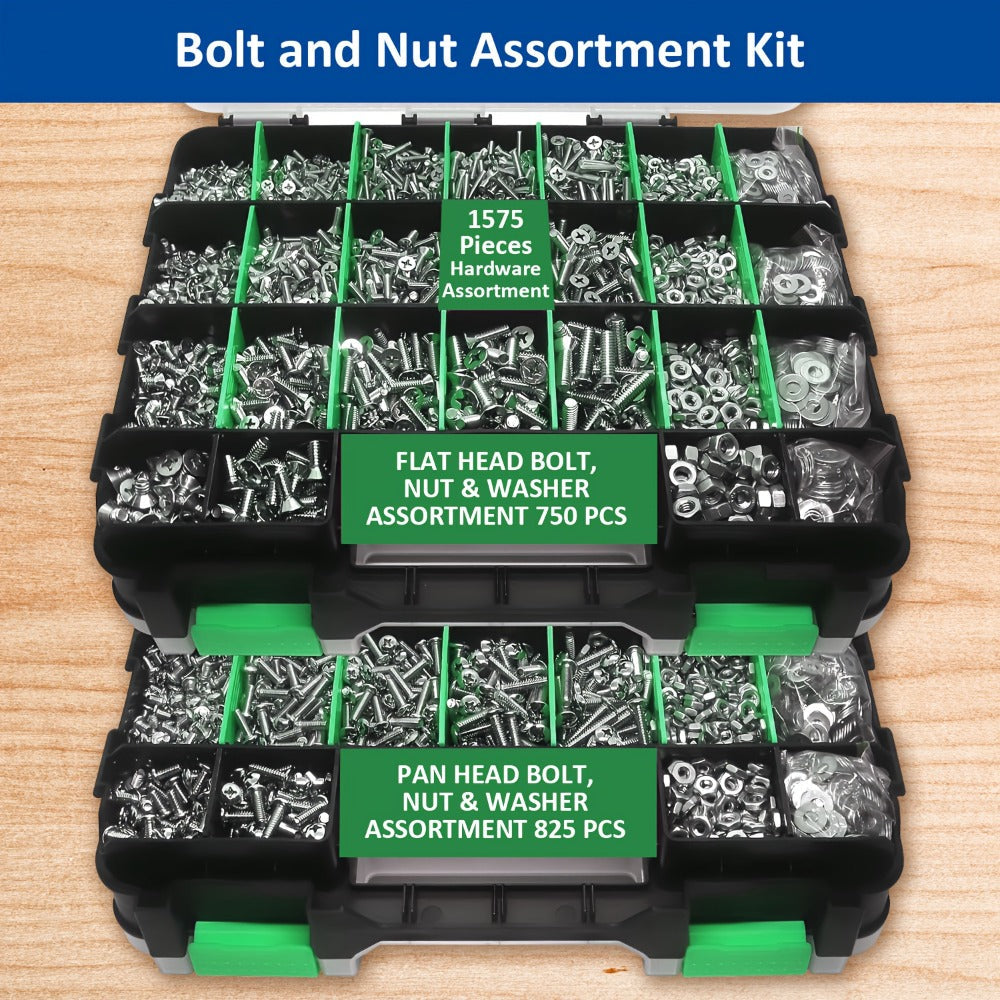1575pcs 304 Stainless Steel Nuts and Bolts Assortment Kit – Pan Head Flat Head Screws Nuts Washers with Double-Sided Storage Box for Home & Mechanical Repairs - product image 7