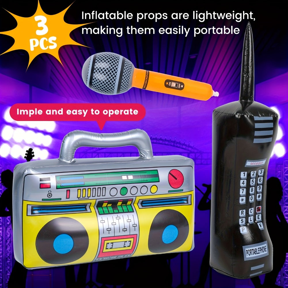80s Hip Hop Theme Birthday Decorations for Graduation, Back to School, School Dance, DJ & Music Themed Party Supplies – Inflatable Party Props 3 Pcs Blow Up Boombox Microphone & Retro Phone