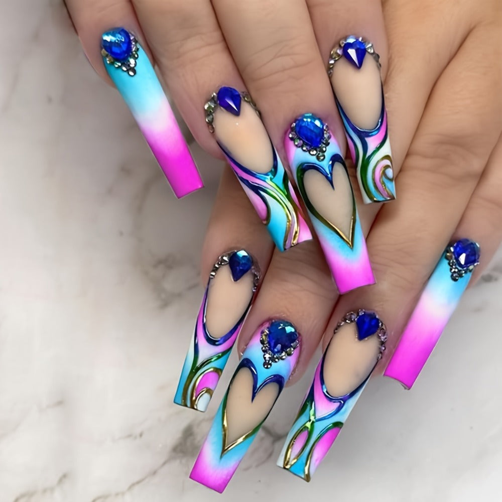 Press On Nails Set 120pcs 5 Boxes Extra Long Cosmic Eyes Crystal Rhinestones Matte Colorful Stripes Floral Glue-On Wearable Nail Art Variety Pack Festive Gift for Women Teens Party - product image 9