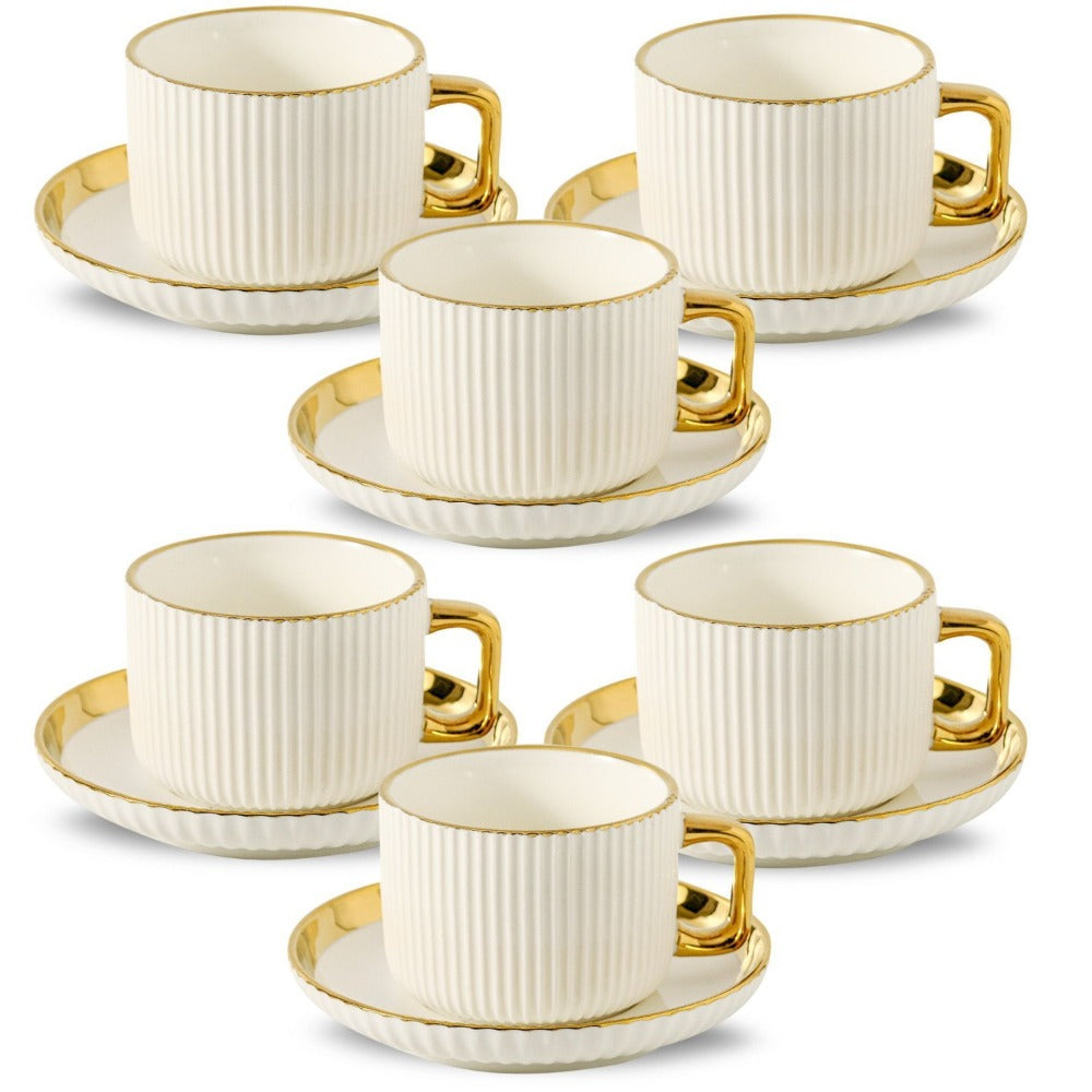 Ceramic Cappuccino Cups with Saucers Set of 6 – 8oz Coffee Mugs with Golden Trim, Latte Art Cups for Espresso Mocha, British Italian Style Café Cups and Saucer Sets for Home Kitche - product image