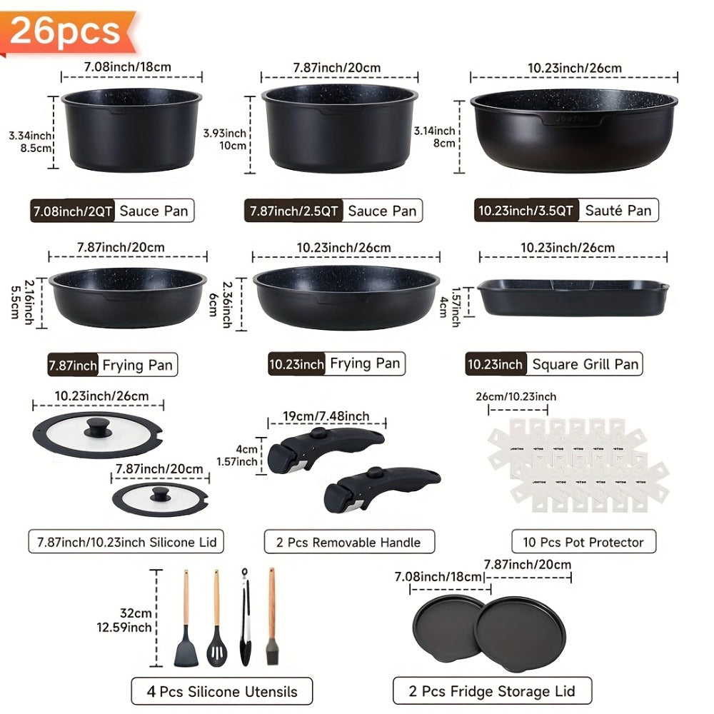 Detachable Handle Cookware Set 16 & 26 Piece Non-Stick PFOA-Free – Stackable Space-Saving Pots and Pans | Oven Safe 480°F Induction Compatible | RV Camping Kitchen Cooking Set in B - product image 3