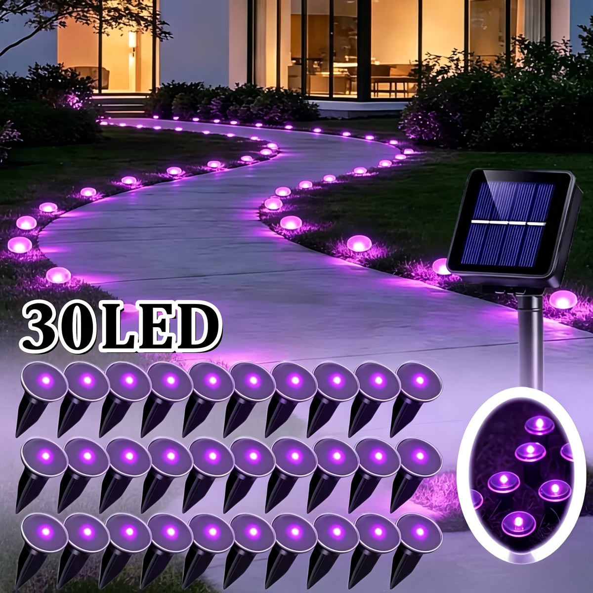 30 Solar-powered LED Path Garden Lights, Multi-color Fairy Lights, IP44 Waterproof and Durable, Recessed Outdoor Patio Garden Lights, Suitable For Decorative - product image