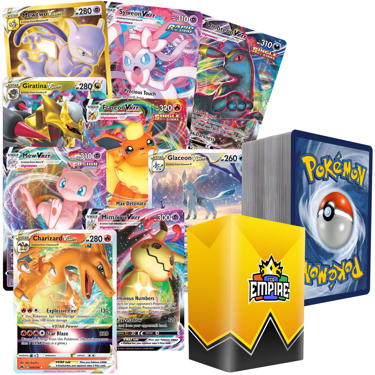 Bundle 100 Cards – TCG Empire Storage Box Included – 1 Guaranteed VMAX or VSTAR Hit + 10 Holos & Rares – Authentic Gift for Kids & Collectors - product image