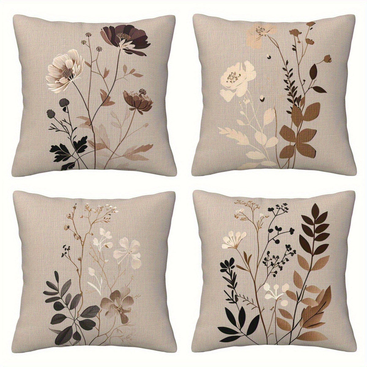 Throw Pillow Covers 18x18 Set of 4 - Floral Botanical Square Cushion Cases Beige Brown Gray | Zipper Closure Machine Washable Decorative Pillows for Living Room Bedroom Sofa Couch  - product image 8