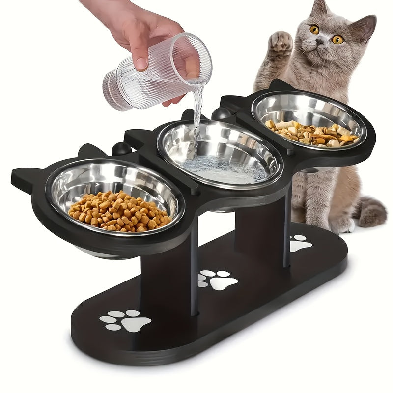 Adjustable Height Stainless Steel Raised Feeder with Anti-Spill Black Wooden Base, Indoor Food & Water Dish for Cats & Small Dogs – Elevated Cat Bowl - product image