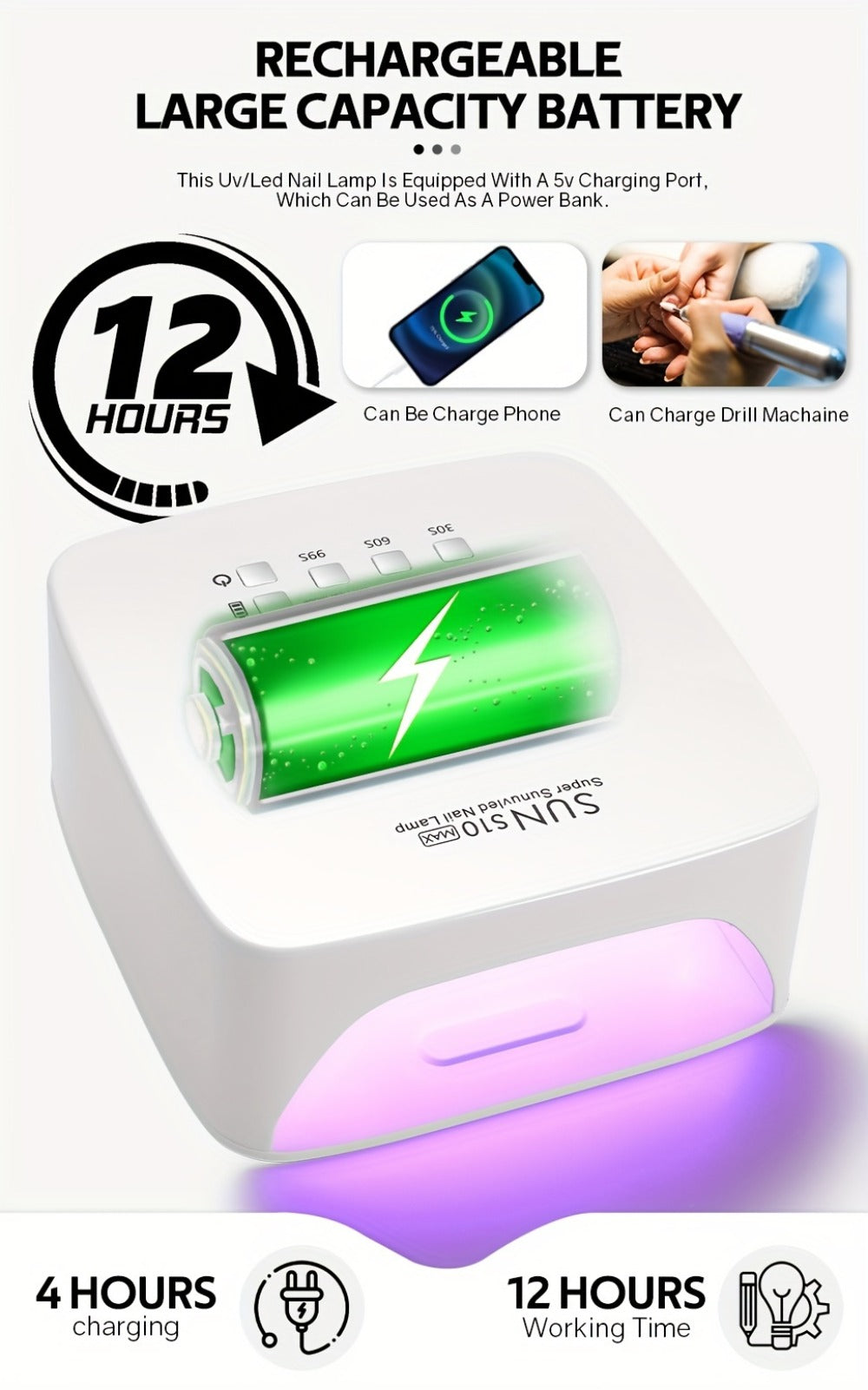 Cordless LED Nail Lamp SUN S10 MAX Rechargeable — 30 LED Lights Auto Sensor 3-Timer LCD Display Professional Gel Nail Dryer for UV Gel Acrylic Base Top Coat, Wireless Nail Light fo - product image 14