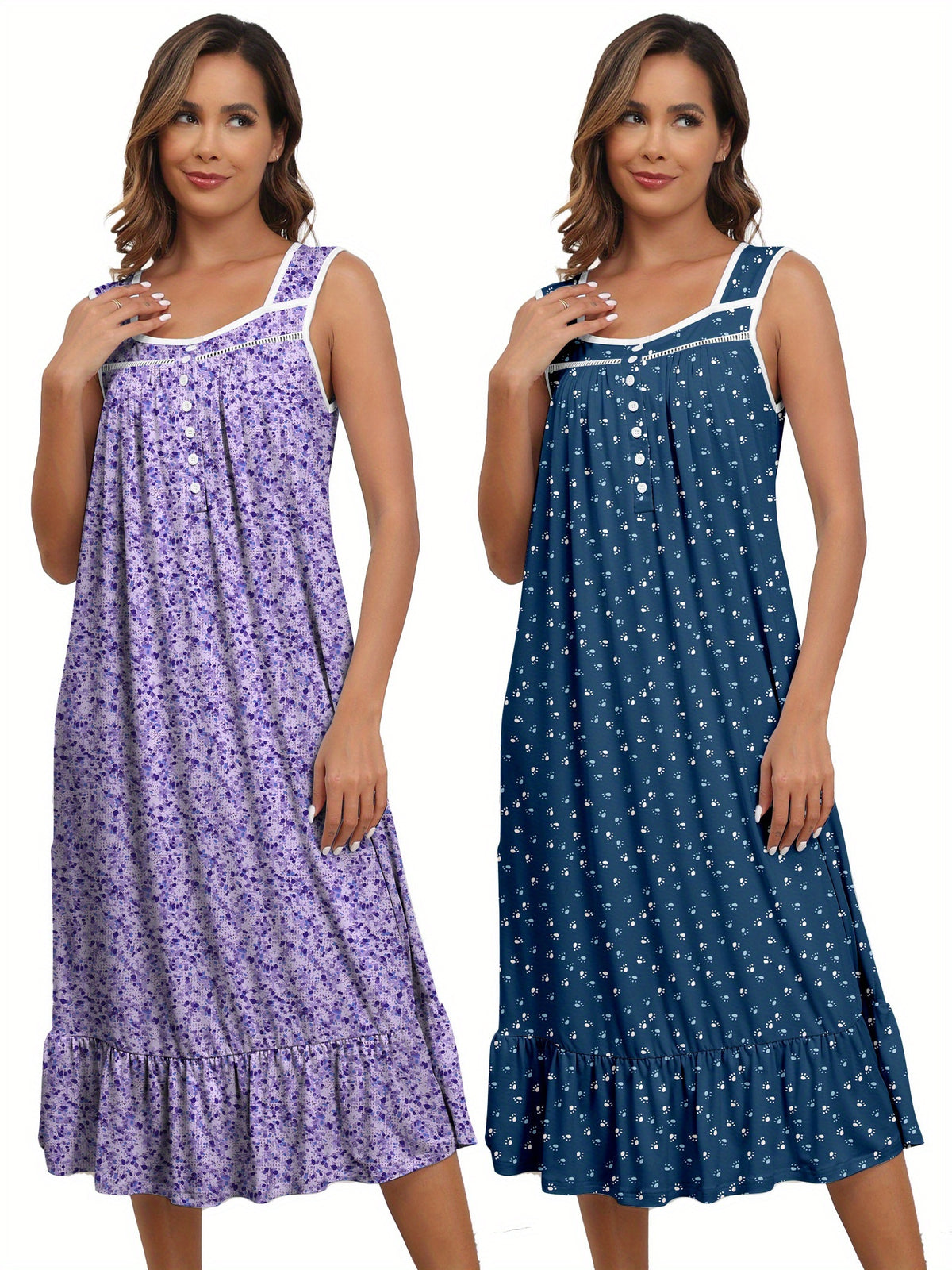 2pcs Nightgowns for Women - Long Flowy Victorian Sleeveless Sleepshirt, Elegant Printed Sleepwear Set (S-XXL)