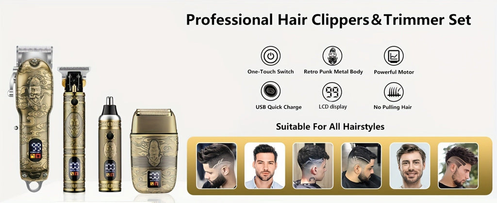 Professional Hair Clippers Trimmer Set for Men - T-Blade Trimmer Nose Hair Trimmer Electric Razor LCD Display USB Rechargeable Zinc Alloy Ergonomic Grooming Kit Bronze - product image 9