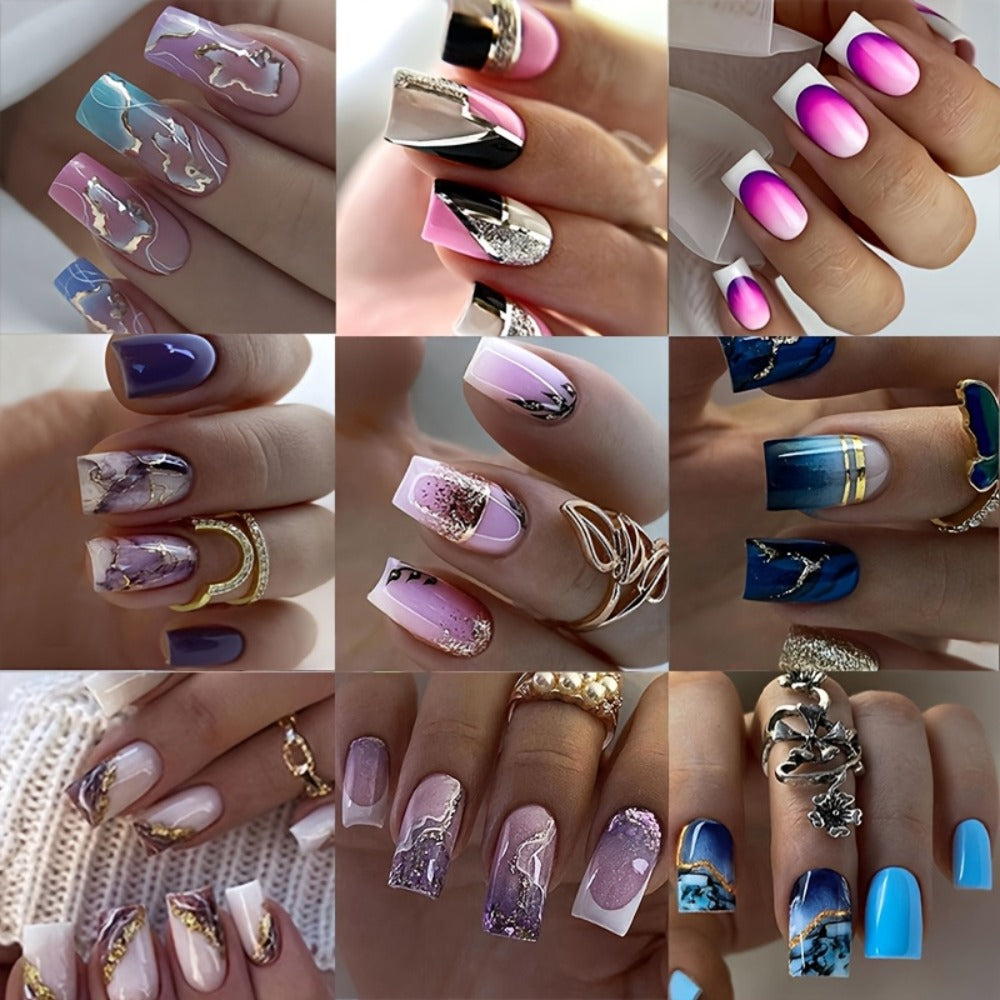 Ombre Press On Nails 216 Pieces 9 Packs – Gradient French Tip & Marble Square Full Cover False Nails for Women Girls | Colorful Nail Art Kit for Parties Weddings Daily Wear | Reusa - product image
