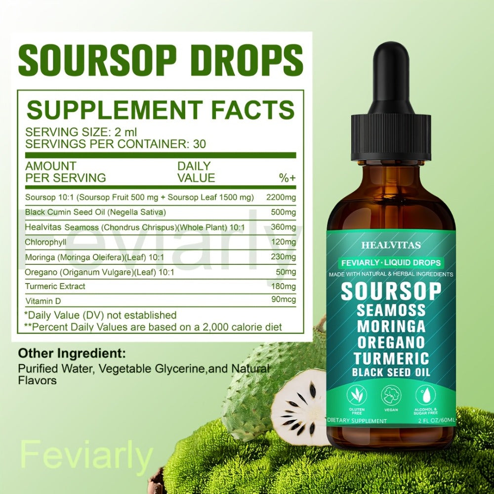 Soursop Bitters Liquid Drops 10-in-1 with Sea Moss Ashwagandha Moringa Turmeric Black Seed Oil — Plant-Based Immune & Energy Herbal Extract | Sugar-Free | 2.03 fl oz - product image 11
