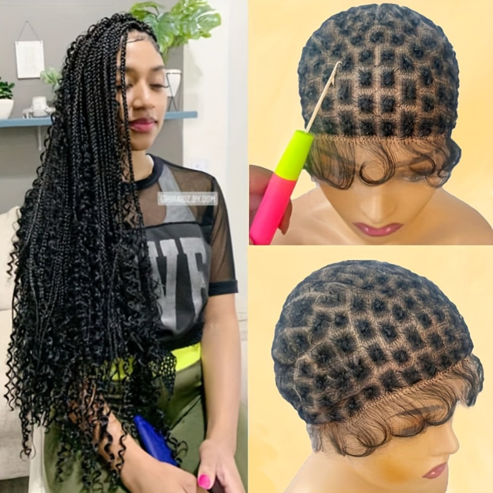 Crochet Wig Cap DIY Braiding Set Double Full Lace Baby Hair Premade Lace Front | Nylon Hair Net Hook Tool for Making Braided Wigs 82 109 112 121 Sections Natural Black - product image