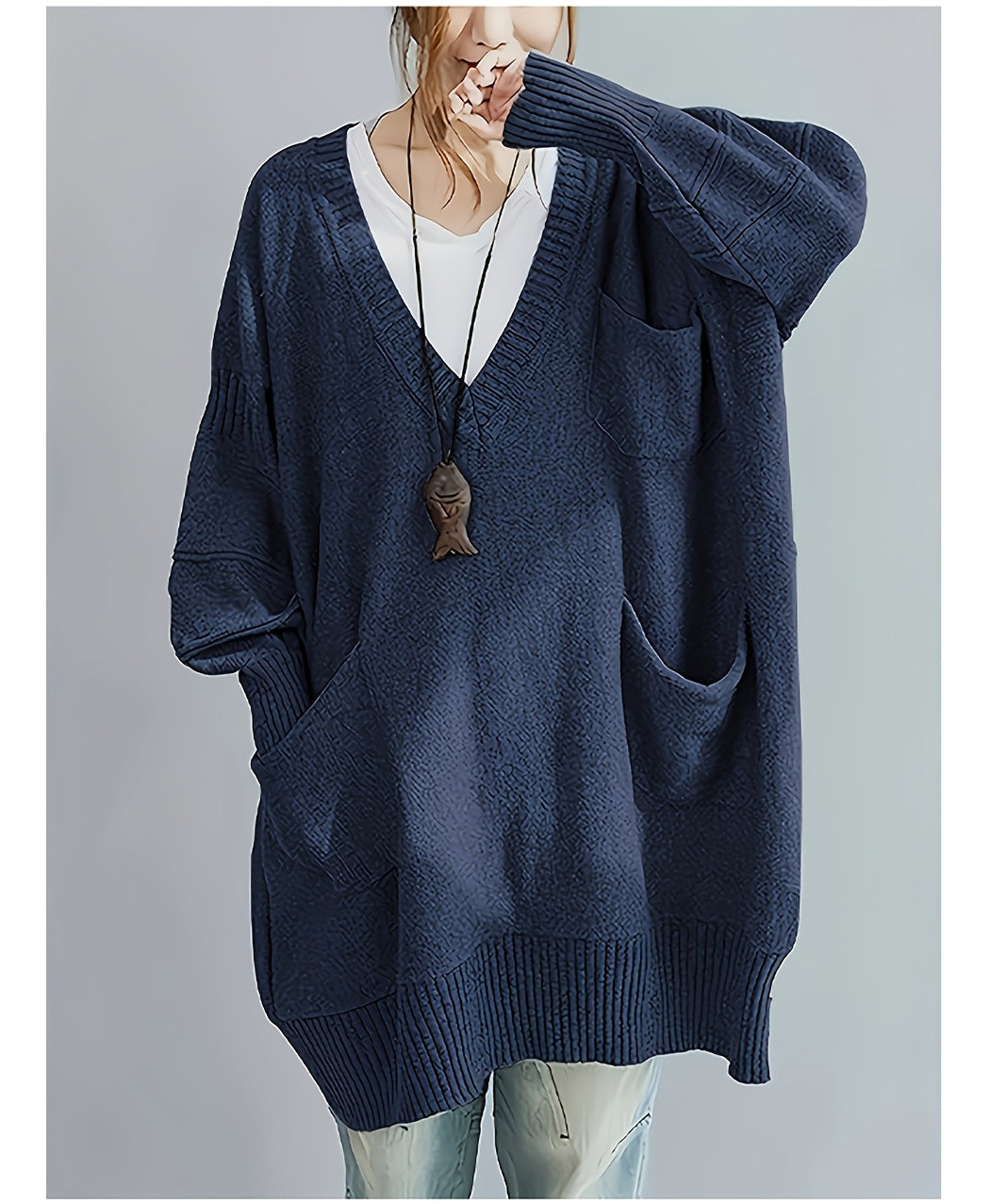 Plus Size, Women's Plus Size Oversized V-Neck Longline Sweater - Soft Machine-Washable Black Pullover for Fall Winter, Elegant Loose Fit Casual Chic Wardrobe - product image 23