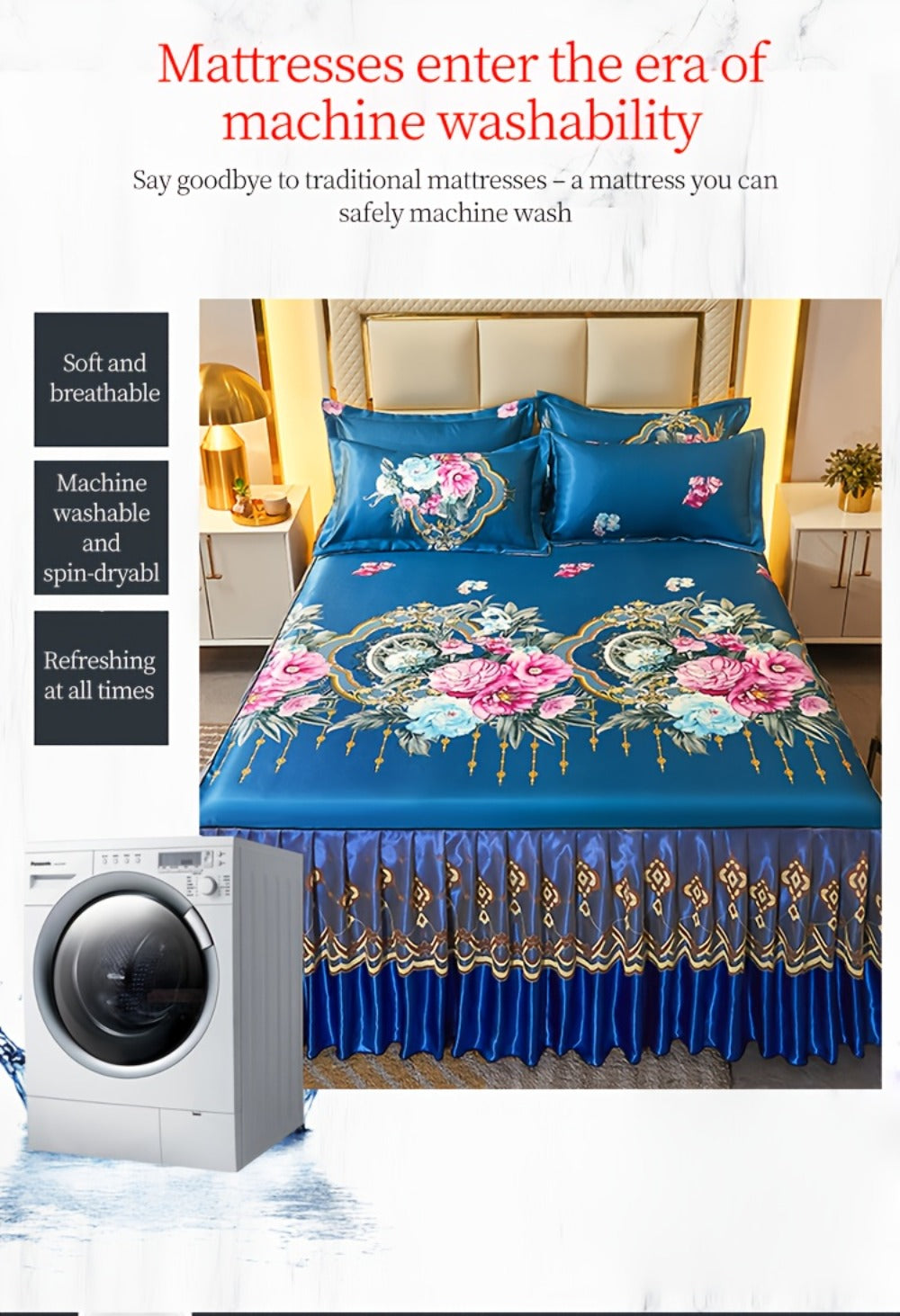 Floral Ruffle Bed Skirt Cool Mat 3 Piece Set with Pillowcase, Double Layer 360° Full Wrap Washable Cooling Mattress Cover, Breathable Summer Bedding Set for Twin Full Queen King, P - product image 26