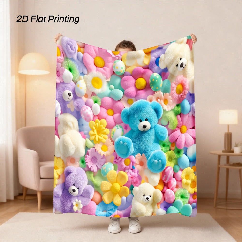 Bear Print Flannel Throw Blanket - Cute Soft Plush 2D Flat Printed Cozy Bedspread for Sofa Bed Camping Travel, Adorable Animal Pattern Gift Blanket Multi-Color - product image