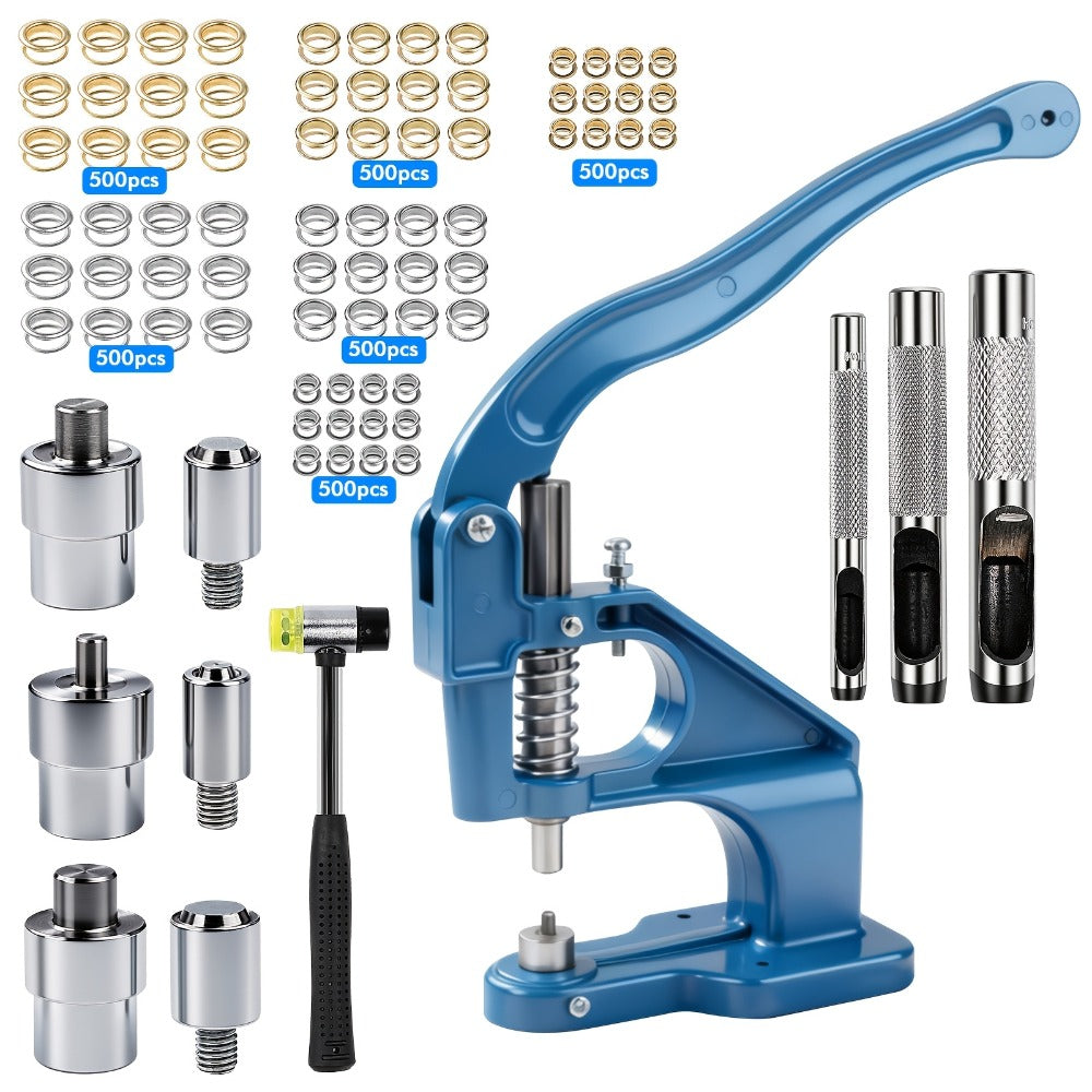 Grommet Machine Kit Heavy Duty Eyelet Punch Tool Set – 3 Setting Dies 3 Punching Dies 6mm 10mm 12mm Hand Press with 3000 Silver & Gold Grommets for Fabric Leather Canvas Tarp Craft - product image
