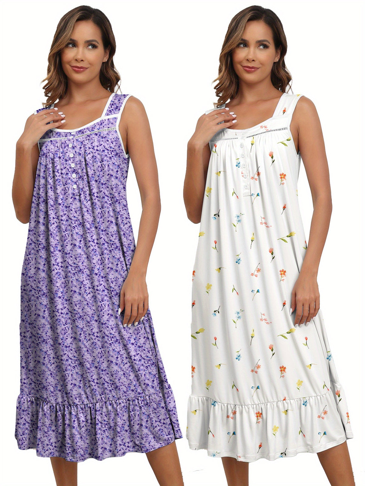 2pcs Nightgowns for Women - Long Flowy Victorian Sleeveless Sleepshirt, Elegant Printed Sleepwear Set (S-XXL)