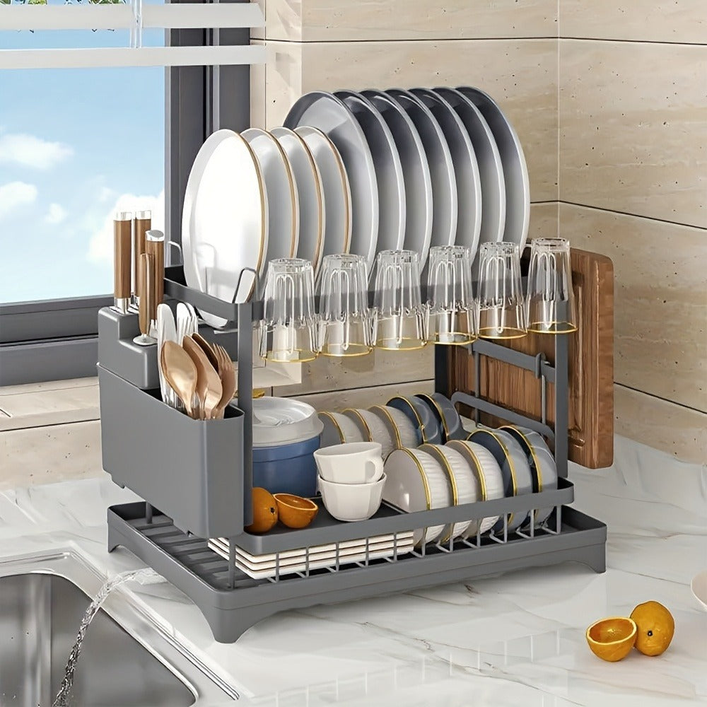 2-Tier Metal Dish Drying Rack with Drainboard – Kitchen Counter Dish Drainer Compact Countertop Drying Rack Black White Gray - product image 6