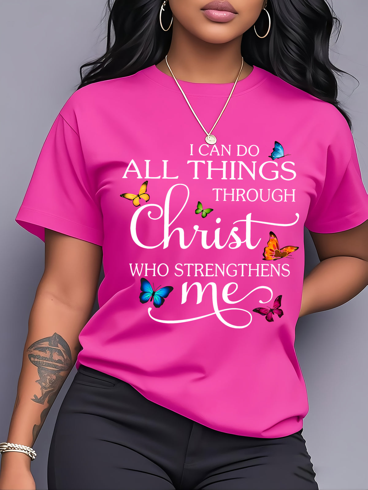Plus Size Women's T-Shirt "I Can Do All Things Through Christ", with Colorful Print, Pink Top, Machine Washable, Everyday Outfits, Christian Gifts, Durable - product image 2
