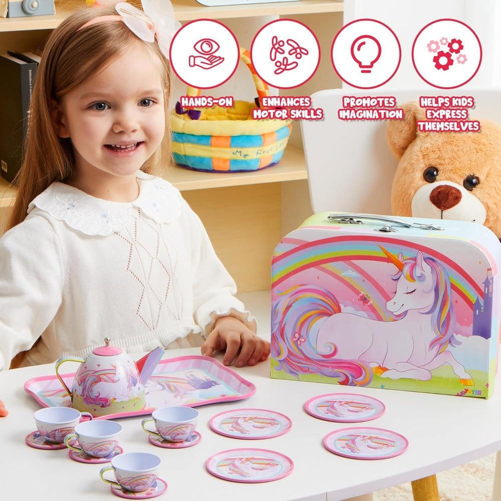 Pretend Play Pink Tin Teapot with Cups, Plates & Carrying Case, Magical Rainbow Design, Birthday Christmas Gift for Kids Ages 3+ | Unicorn Tea Party Set for - product image 13
