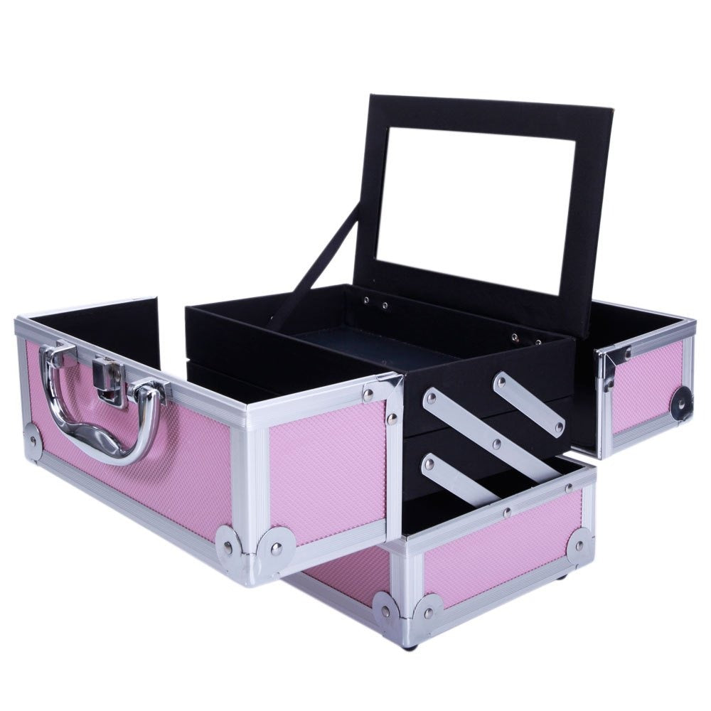 Aluminum Makeup Train Case with Wheels Large Capacity Lockable Cosmetic Trolley Organizer Adjustable Dividers Retractable Handle for Makeup Artists Salon Travel Black Silver Pink B - product image 33