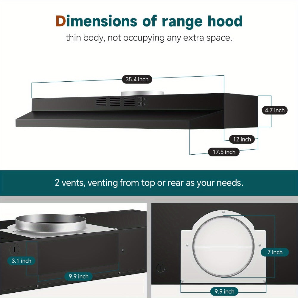 Range Hood 36 Inch Under Cabinet Ducted Ductless Convertible Stainless Steel 350CFM 2-Speed Exhaust Fan LED Light 3-Layer Aluminum Mesh Filter Top Rear Venting Kitchen Vent Hood - product image 33