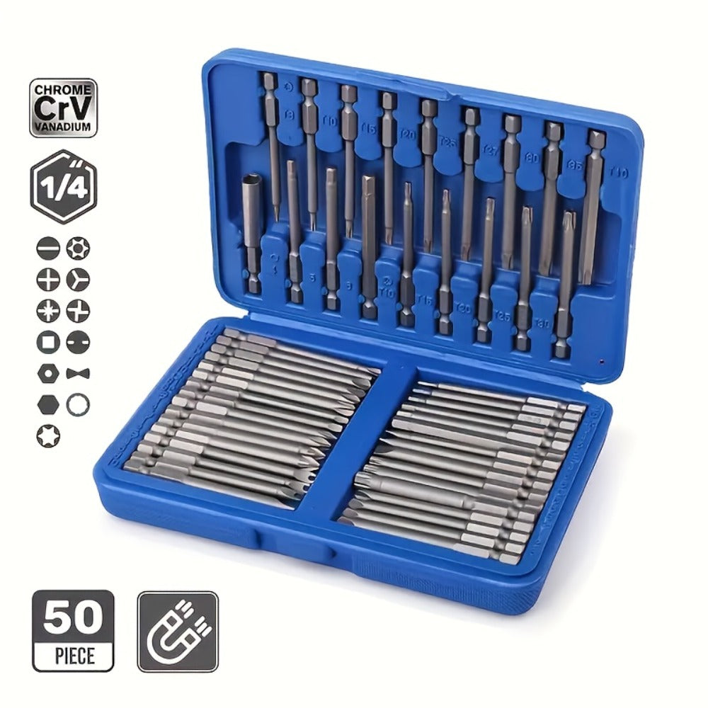 Magnetic Screwdriver Bits Set 50pcs – 75mm Extended Security Bits, 1/4" Hex Shank, Torx Star Hex Spline, for Power Drills & Hand Screwdrivers - product image