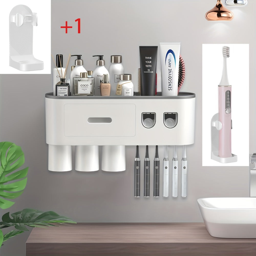 Wall Mounted Toothbrush Holder with Automatic Toothpaste Dispenser - 3 Cups Bathroom Organizer, Space-Saving Toothbrush Cup Holder for Family, Black & Gray - product image 7