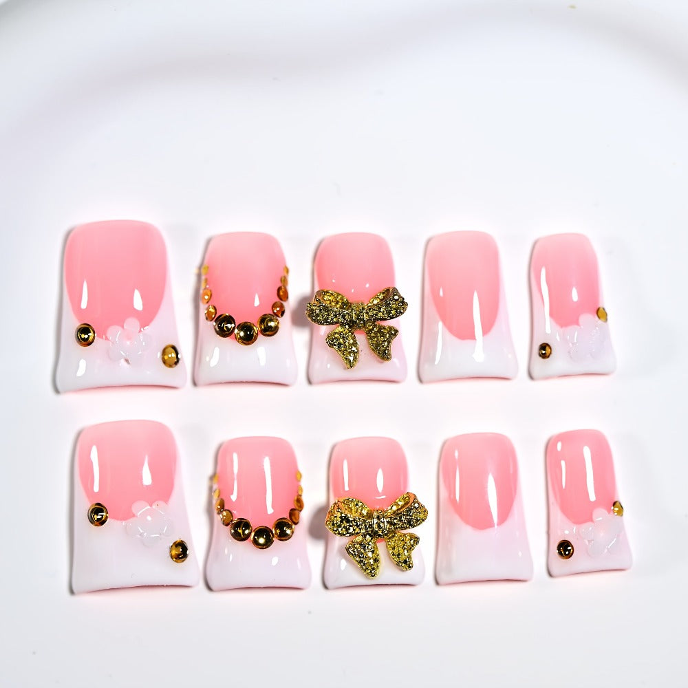 Short Duckbill Press On Nails 3D Red Lips Skull Cherry Bow Rhinestone – Zebra Stripe Polka Dot Sweet Cool Acrylic Nail Art Set for Party, Date Night & Daily Wear, 10pcs S/M/L with  - product image 4
